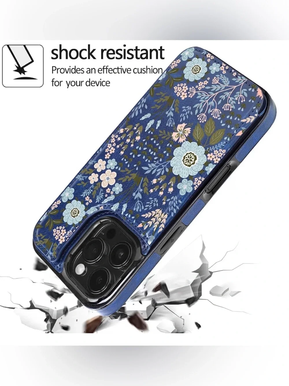 Blue Floral Wallet Phone Case with Card Slots and Magnetic Closure